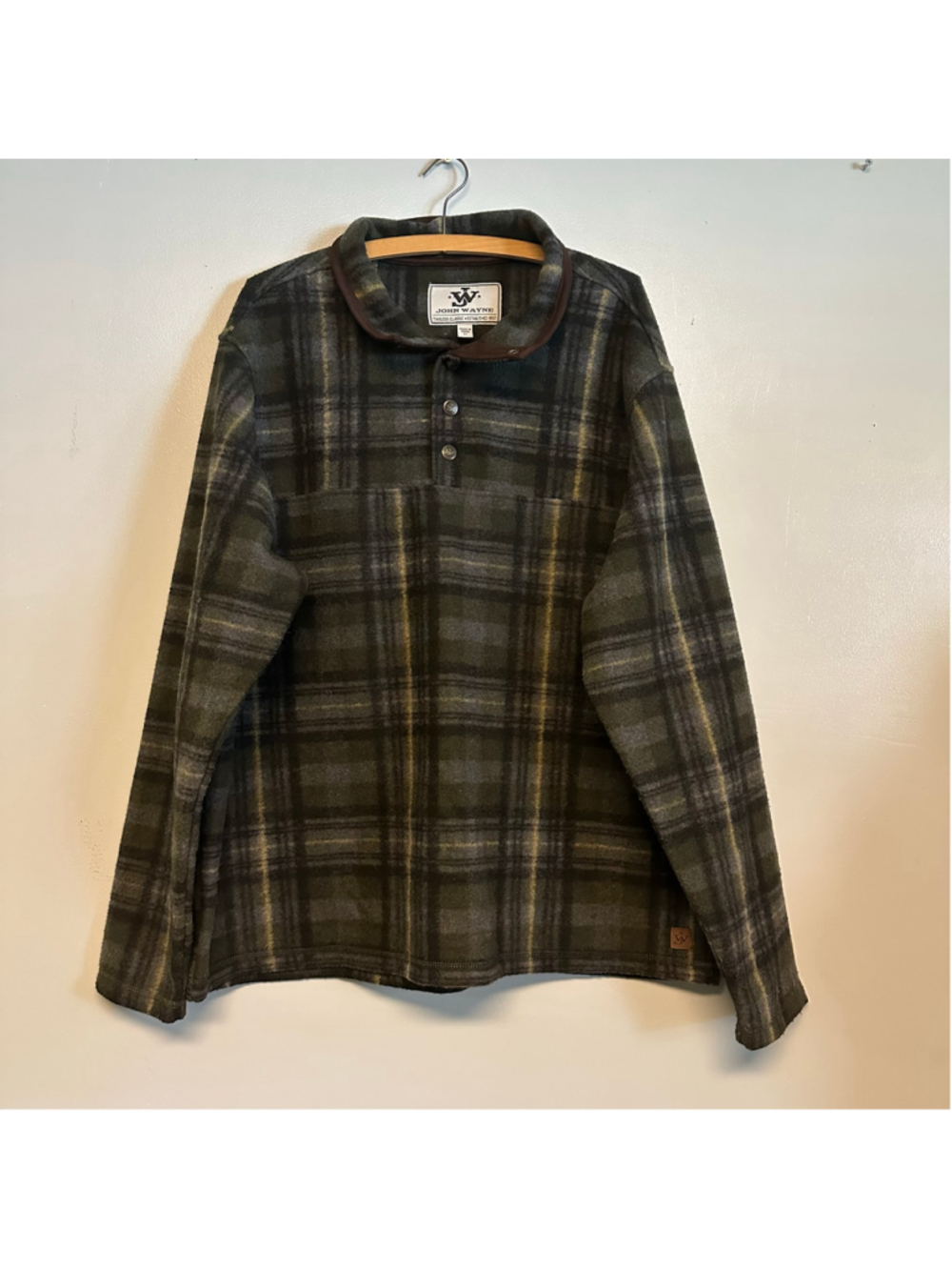 John Wayne Plaid Fleece Pullover Shirt Men’s XL Green Black Collard 1/4 Button